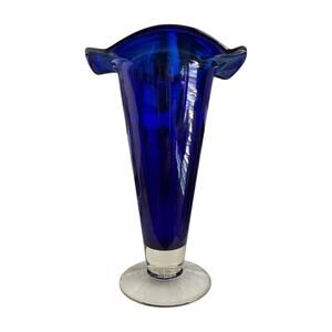 Cobalt Blue Art Glass Trumpet Vase Clear Base 9” Tall